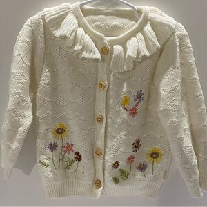 Girls Ivory Knit Cardigan Sweater Ruffle Collar Embroidered Floral NO TAGS READ